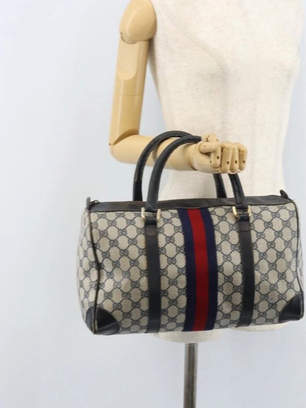 GUCCI GG Supreme Sherry Line Boston Bag PVC Navy Gold Auth LNZ318